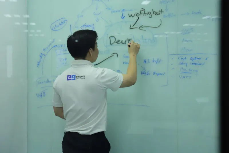 ドイツのクライアントプロジェクトのアーキテクチャをホワイトボードに描くソリューションアーキテクト